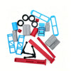 A collection of blue and red plastic parts for a 1/64 scale mini garage diorama or DIY auto repair workshop display.