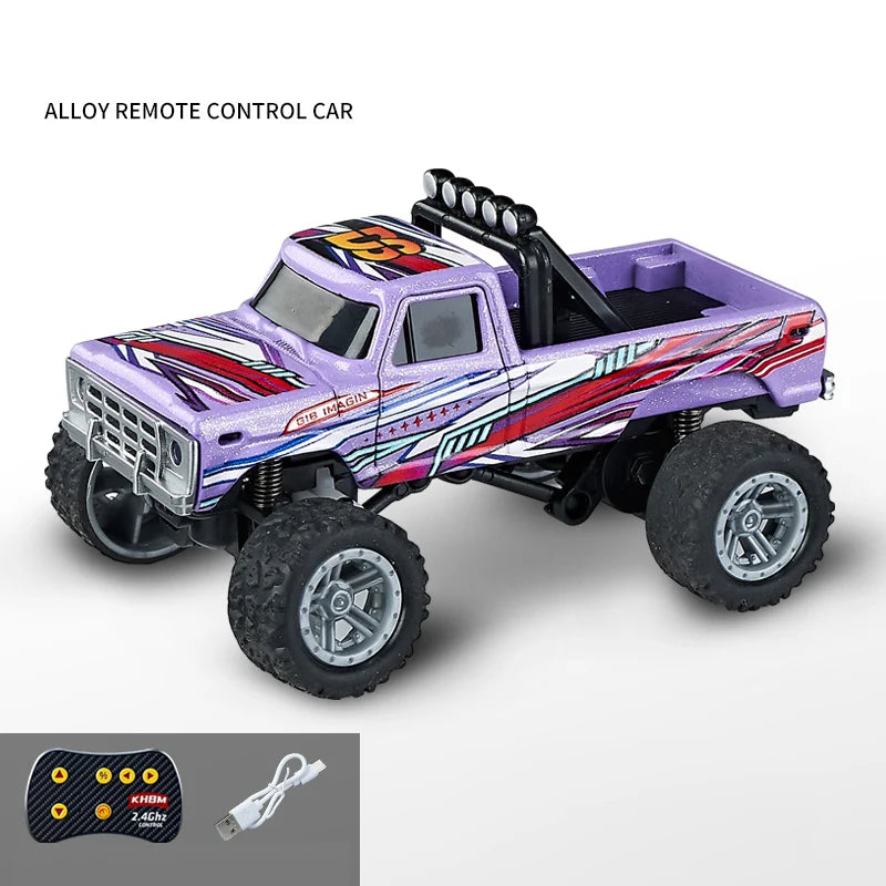 A purple and red alloy remote control off-road truck with a black remote and battery visible.