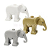 Three elephant building blocks in white, tan, and gray colors.