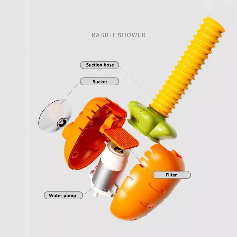 Rabbit shower toy showing components like a suction hose, sucker, water pump, and filter.