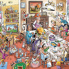 A busy, colorful illustration of a large group of people gathered around a table, seemingly engaged in a puzzle activity.