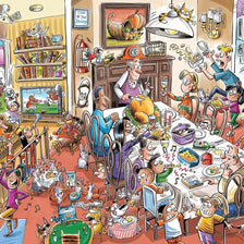 A busy, colorful illustration of a large group of people gathered around a table, seemingly engaged in a puzzle activity.