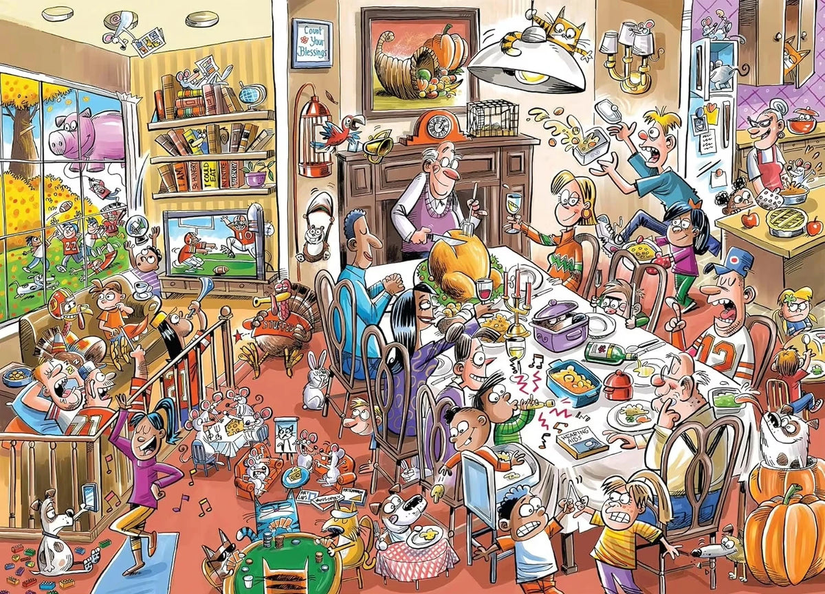 A busy, colorful illustration of a large group of people gathered around a table, seemingly engaged in a puzzle activity.