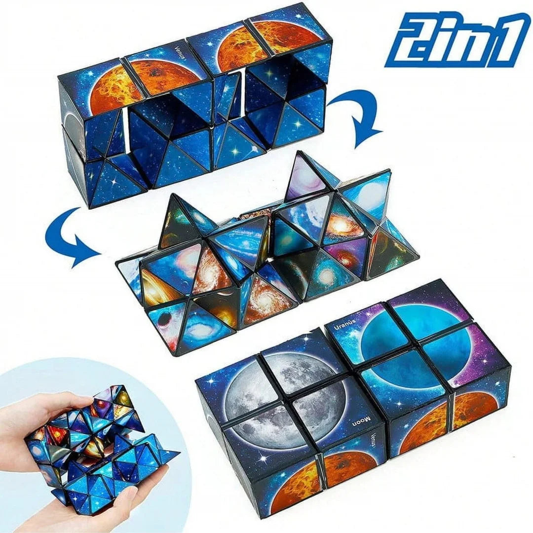 A colorful transforming cube puzzle featuring celestial scenes like suns and moons.