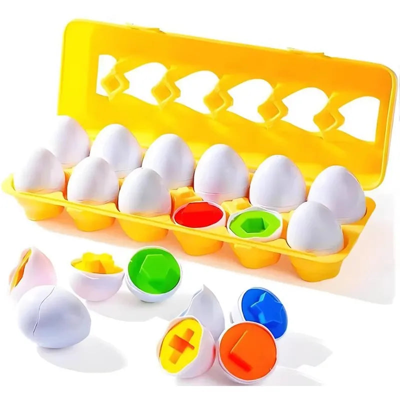 A yellow plastic egg sorter with multiple white eggs and various colored eggs for toddlers