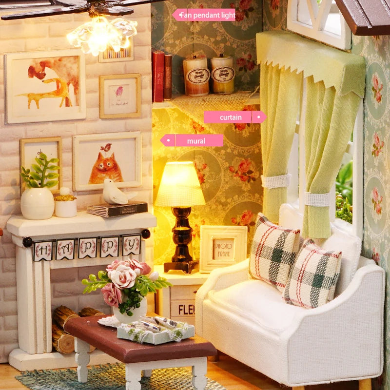 DIY Miniature Wooden Dollhouse Kit with LED Lighting
