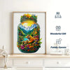 Framed print of a jar filled with flowers and a mountain landscape featuring a tiger head