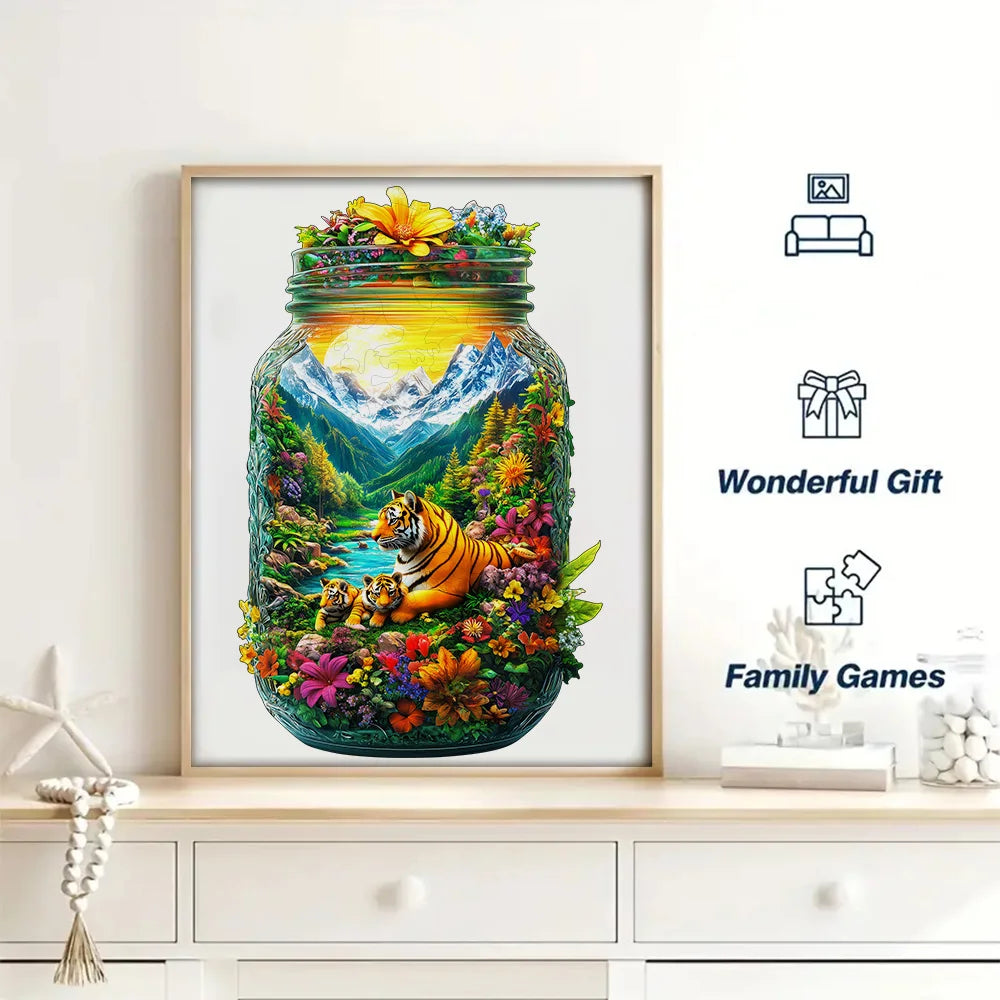 Framed print of a jar filled with flowers and a mountain landscape featuring a tiger head