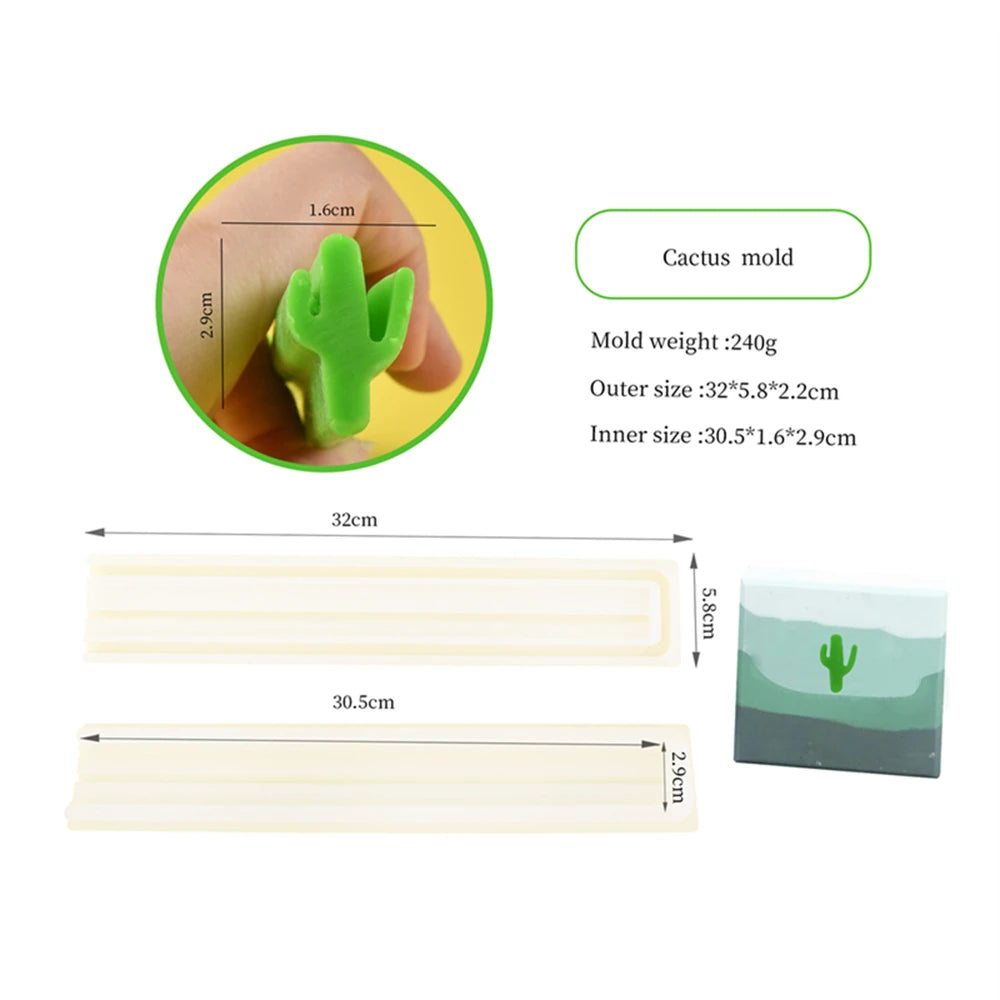 A green cactus mold is shown next to a hand, with dimensions and weight details for the mold set.