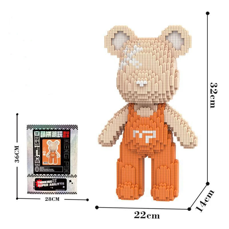 A small bear figure made of wooden building blocks, measuring 32cm tall.