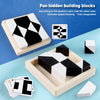 A geometric block puzzle game featuring black and white blocks with a storage tray and instruction card.