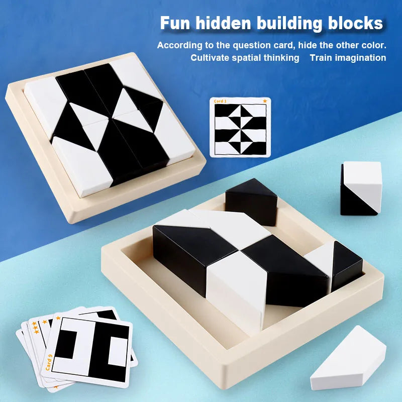 A geometric block puzzle game featuring black and white blocks with a storage tray and instruction card.