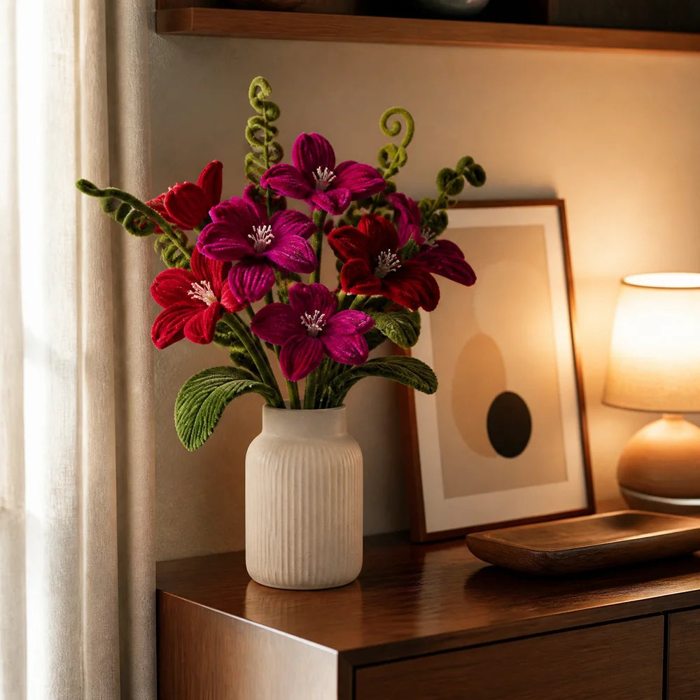 A vase filled with 400-piece chenille stem craft flowers in mixed shades of red and purple