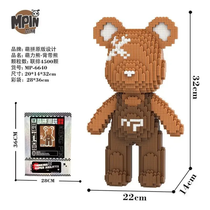 A brown bear mini building block set featuring a face and body, packaged with instructions.