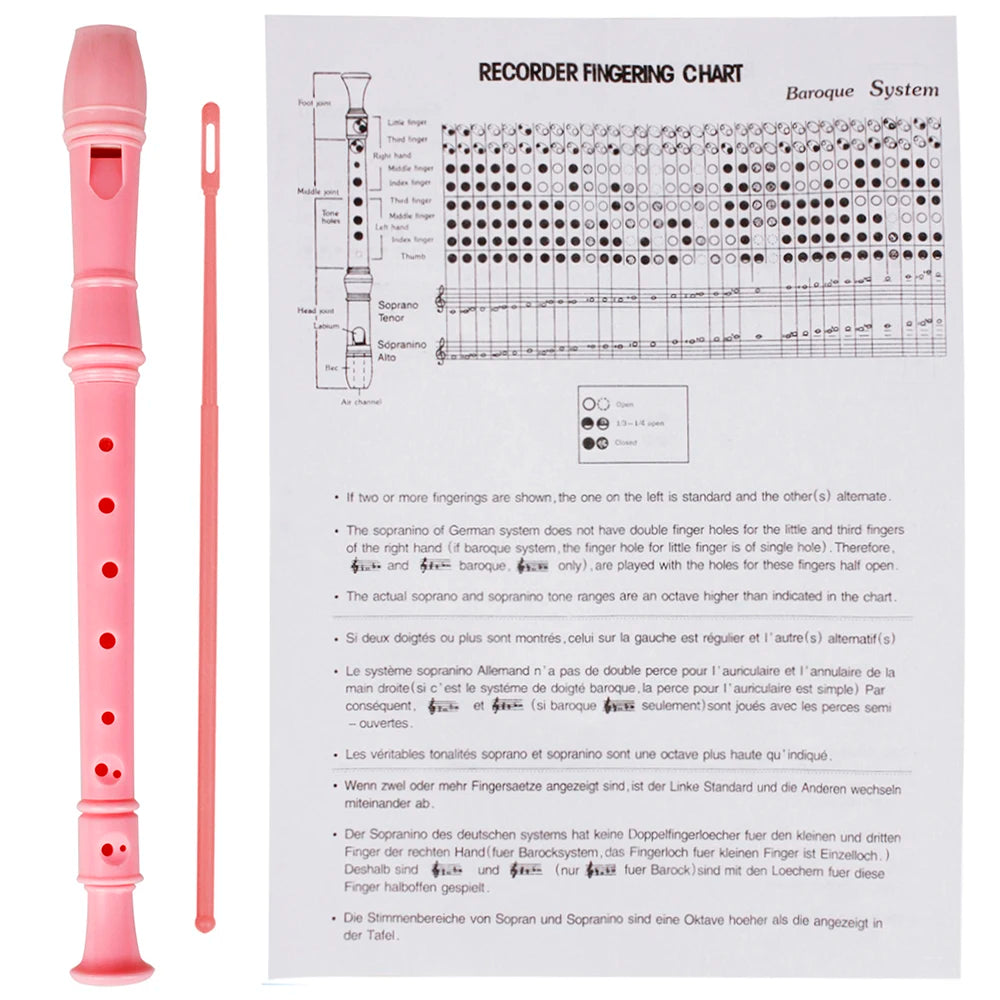 A pink 8-hole soprano recorder fingering chart and a soprano recorder for kids and beginners