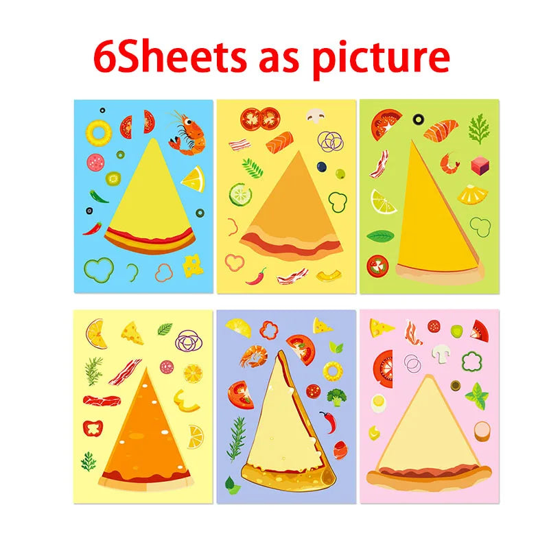 Six sheets of pizza-themed stickers and craft materials for a DIY kit.