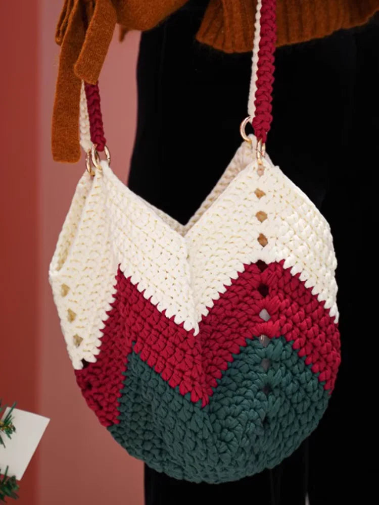 A handmade cream and maroon chevron fabric tote bag with a textured knit pattern.