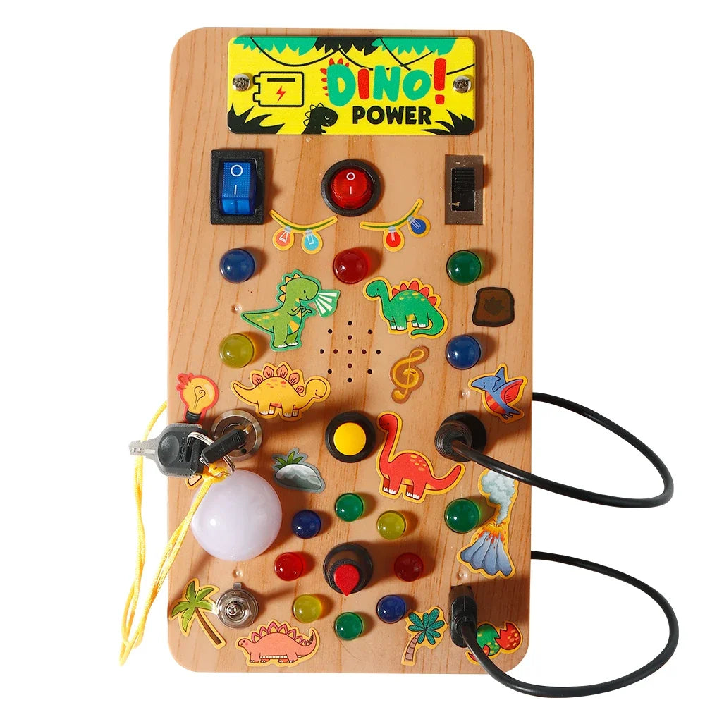A wooden Montessori busy board featuring various colorful buttons, switches, and dinosaur figures for interactive play.