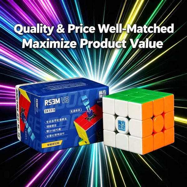 A box of a 3D magnetic magic speed cube puzzle next to a green cube arrangement, with text emphasizing quality and price matc