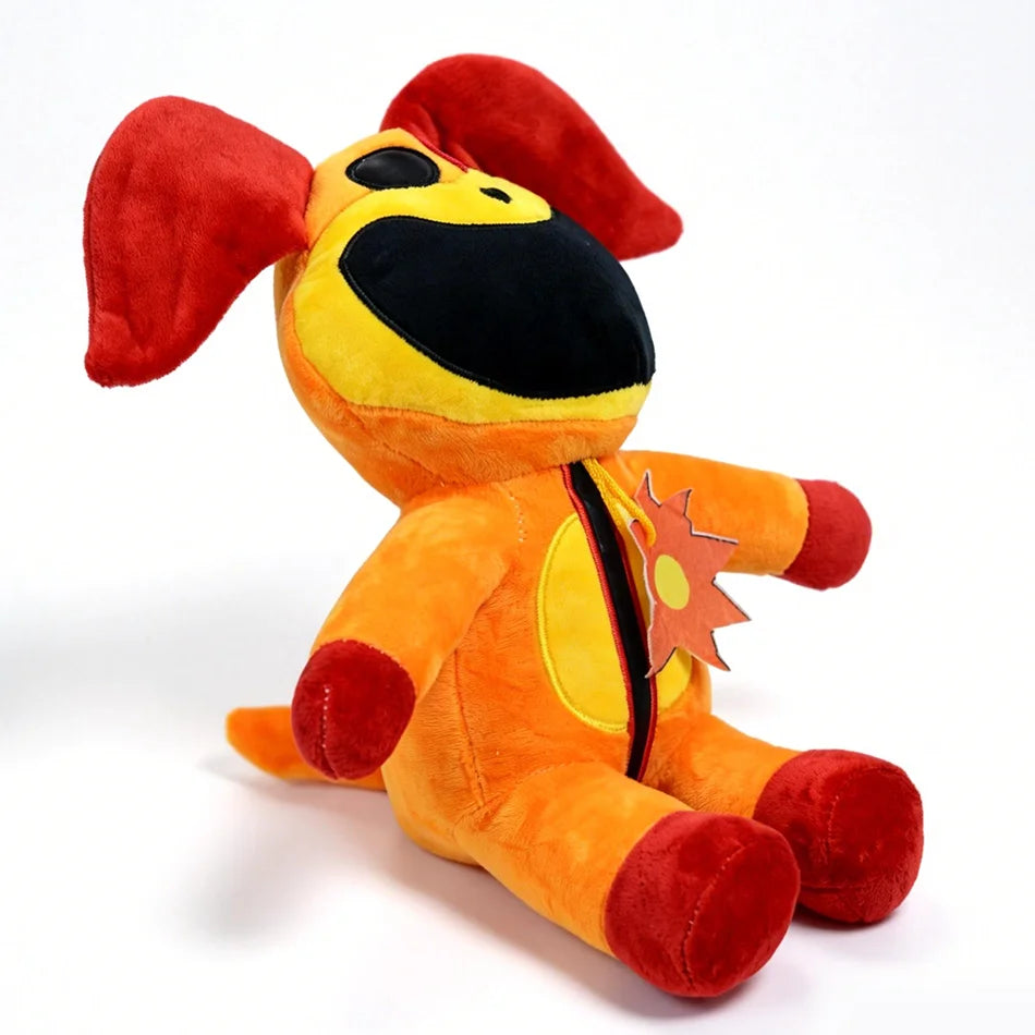 A plush doll of CatNap with large red ears, black face, and orange body.