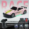 Pink high-speed RC drift car with black accents and racing features shown alongside its production configuration components.