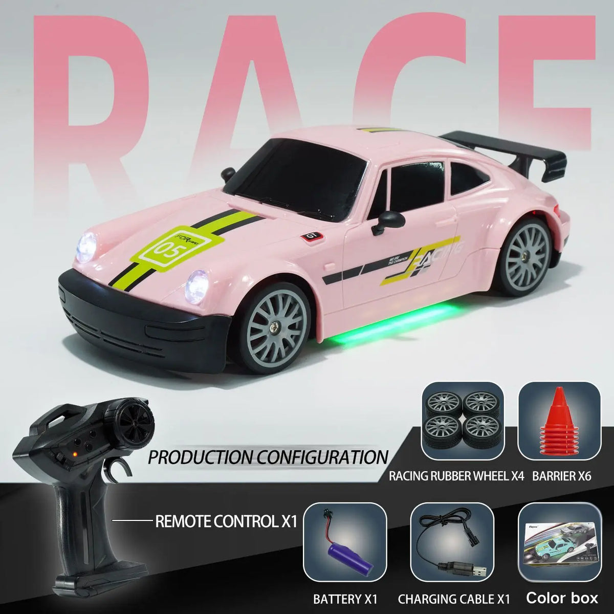 Pink high-speed RC drift car with black accents and racing features shown alongside its production configuration components.