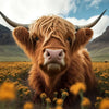 A close-up portrait of a Highland cow with long horns and reddish-brown fur standing in a field of yellow flowers.