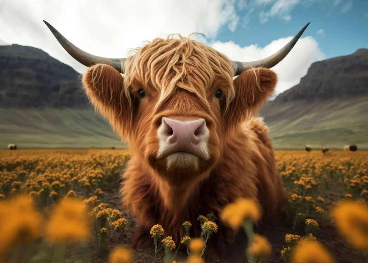 A close-up portrait of a Highland cow with long horns and reddish-brown fur standing in a field of yellow flowers.