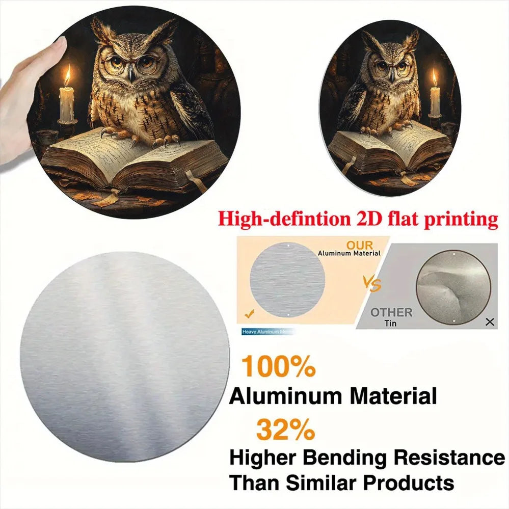 High-definition 2D flat printing of a rustic aluminum owl and book round wall sign