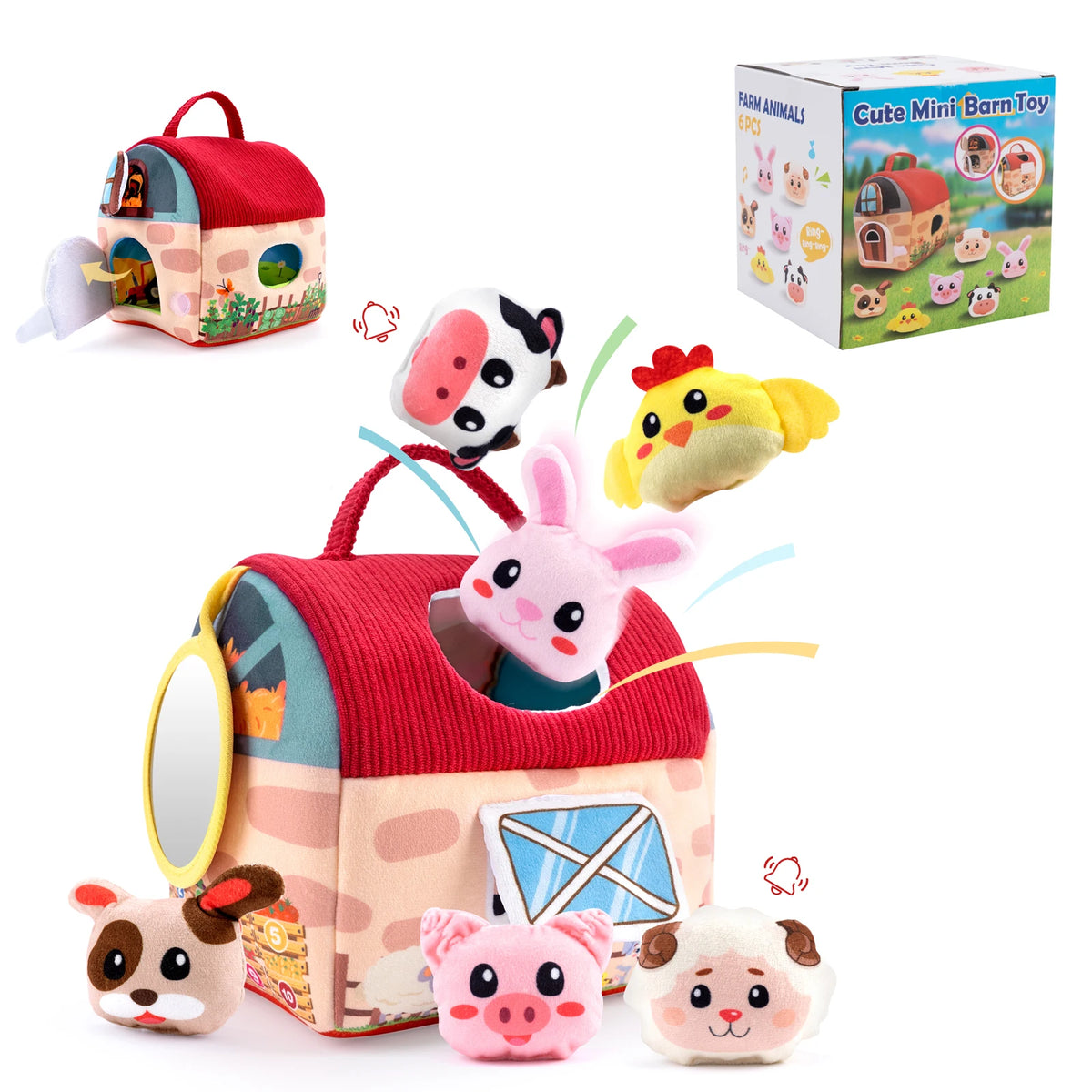 A set of soft plush farm animals including a mini barn toy and various animal figures.