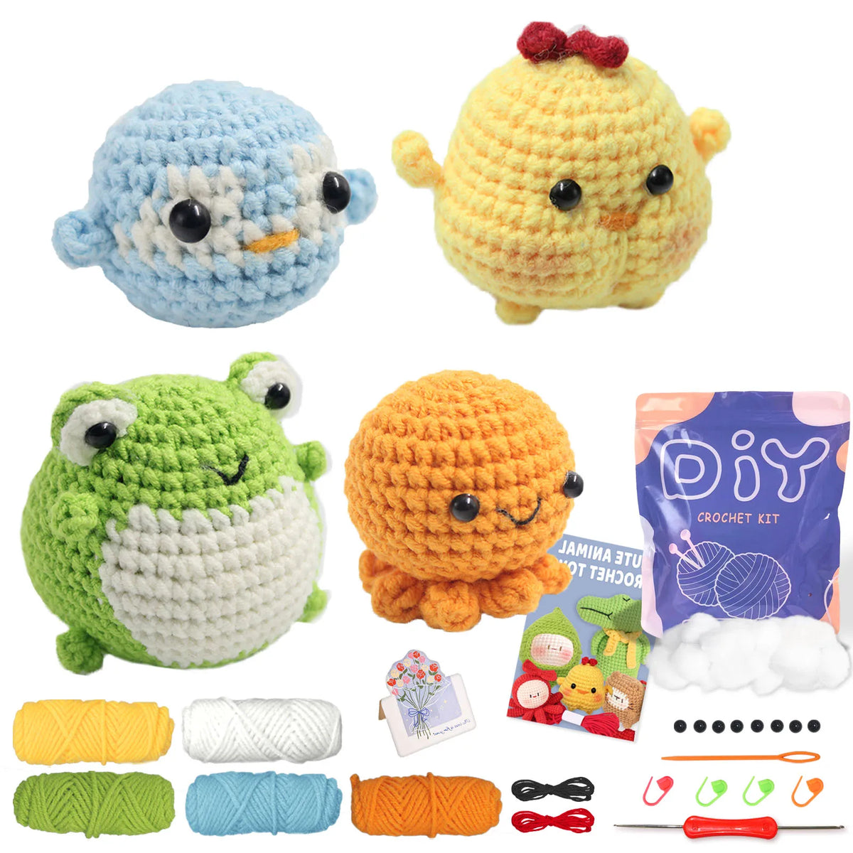 Beginner Crochet Kit – 4 Adorable Animal Projects (Whale, Chick, Penguin, Bee)