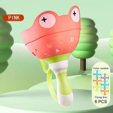 Pink pull-string flying saucer launcher toy for kids with six flying discs