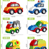 A set of five colorful construction vehicle building blocks in various styles and colors.