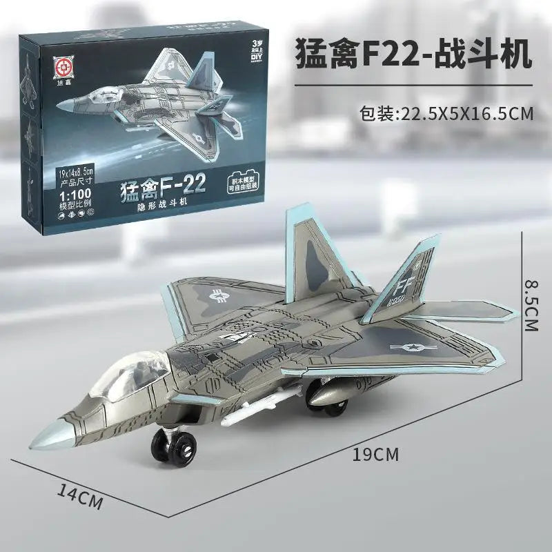 A scale model of the F-22 fighter jet in a box, showing the aircraft and packaging details.