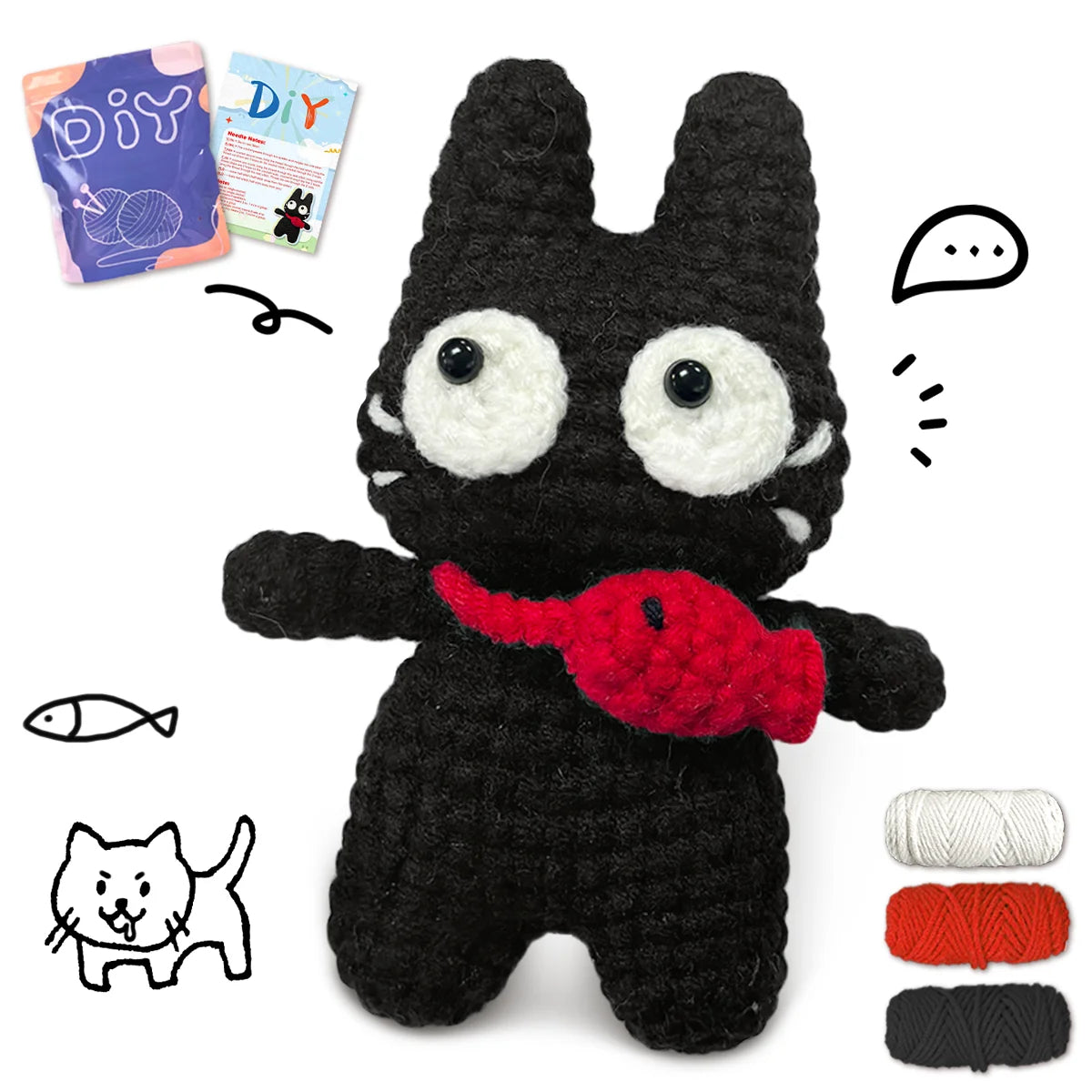 A black crocheted animal figure with large eyes and a red accessory, shown next to yarn and a DIY instruction sheet.