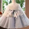 A white and silver tulle princess dress featuring a sheer bodice, ruffled skirt, and satin ribbon bow.