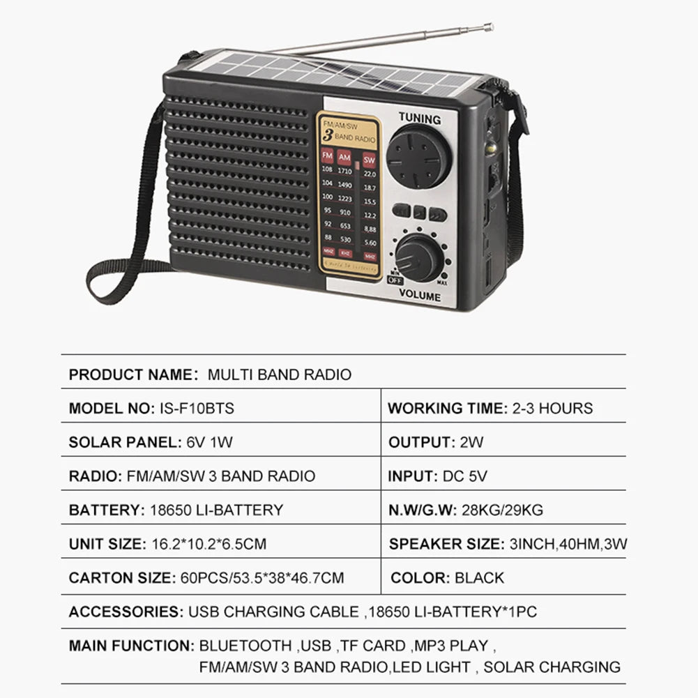 Black multi band radio with solar charging capabilities and Bluetooth features
