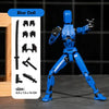 A blue multi-jointed puppet figure standing on a dark surface with various accessories shown.