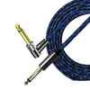 A close-up of a black instrument cable with a gold connector and silver plug tip.