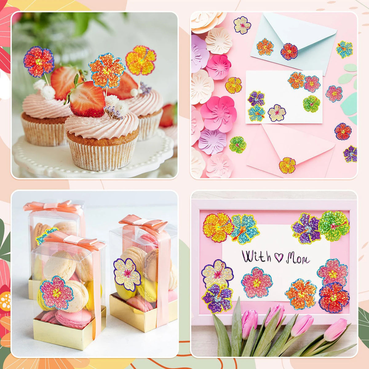 A collection of colorful glitter flower round stickers for crafts, gift wrapping, and party favors displayed on pink and whit