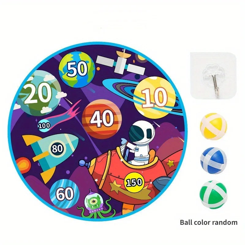 A circular dart board game featuring colored sticky balls with various point values like 50, 20, 10, 40, 80, 150, and 60.