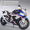 A white and blue 1:12 scale diecast sport motorcycle model with sound and light effects.