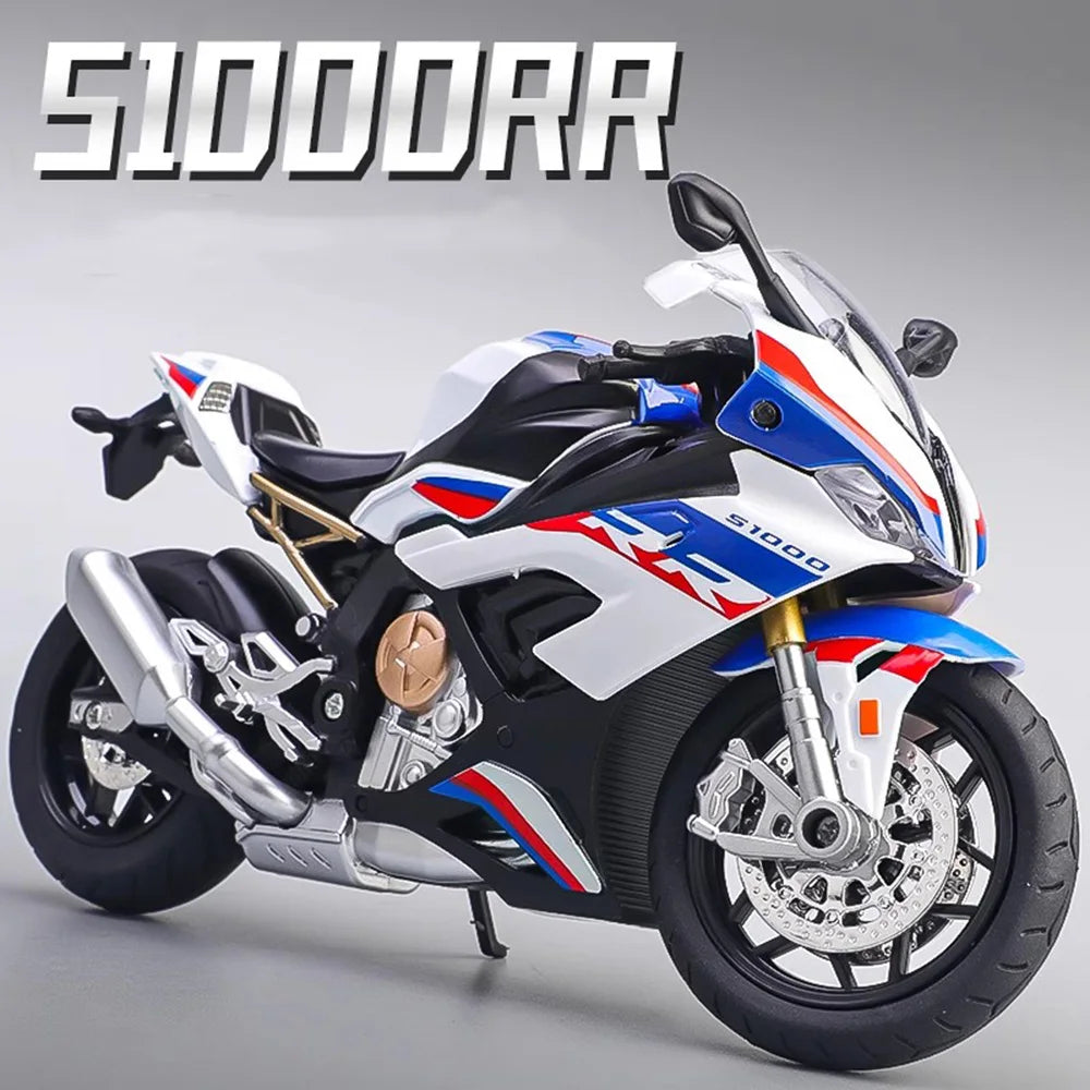 A white and blue 1:12 scale diecast sport motorcycle model with sound and light effects.