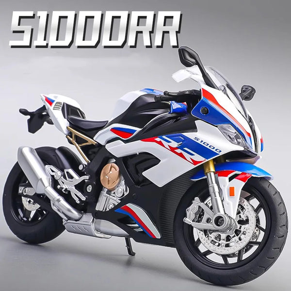 Model af en sportsmotorcykel i skala 1:12, hvid og blå, med lyd- og lyseffekter.
