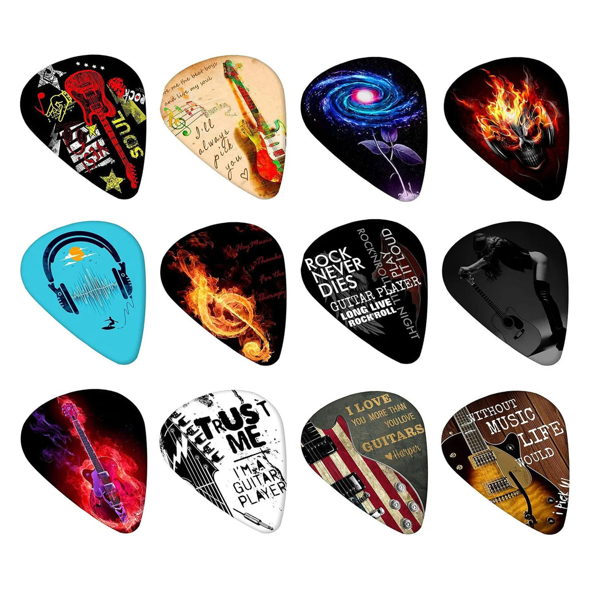 Premium Guitar Picks Variety Pack – 12 Assorted Thicknesses for Acoustic, Electric, Bass & Ukulele