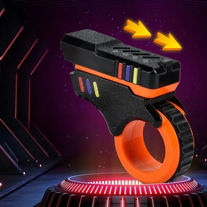 Black and orange magnetic fidget card with spinner resting on a glowing red surface.