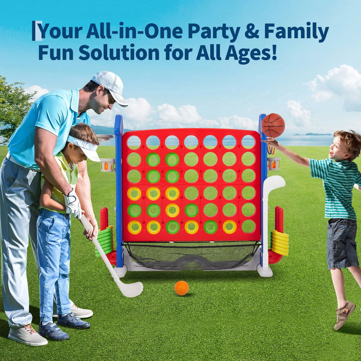 4-in-1 Giant Outdoor Game Set with Basketball Hoop & Ring Toss