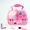 A pink plastic cosmetic case containing various makeup items like lipsticks and brushes.