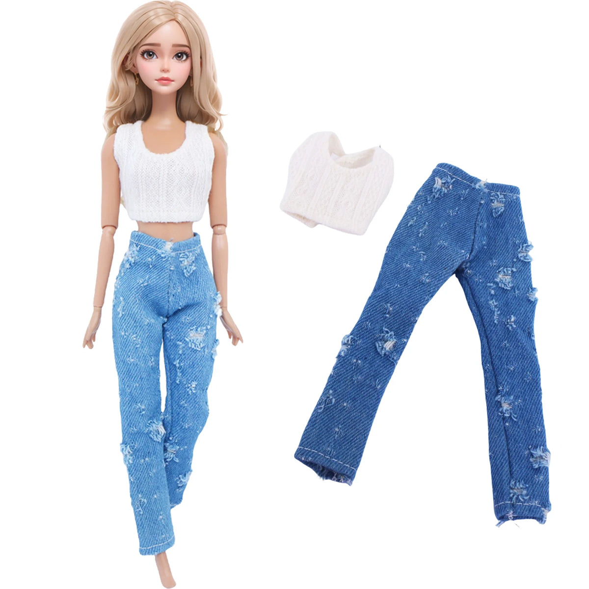 Fashion doll outfit set featuring a white cropped top and blue distressed jeans