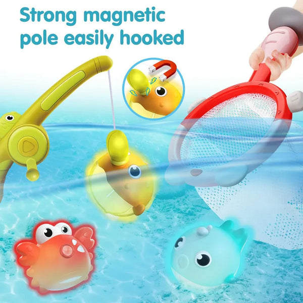 A yellow magnetic fishing toy is hooked onto a fishing rod, with other colorful fish toys floating in blue water.